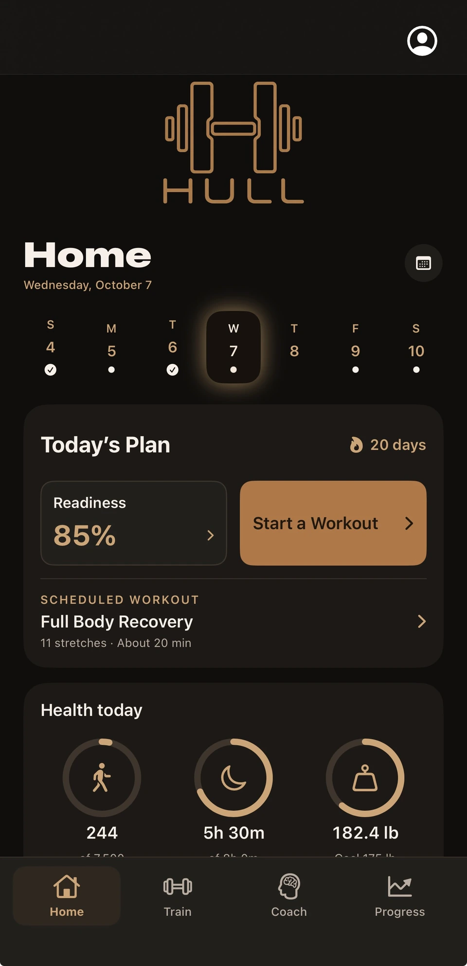 HULL Home in dark mode, showing today's plan, bold readiness, paired actions, and scheduled recovery